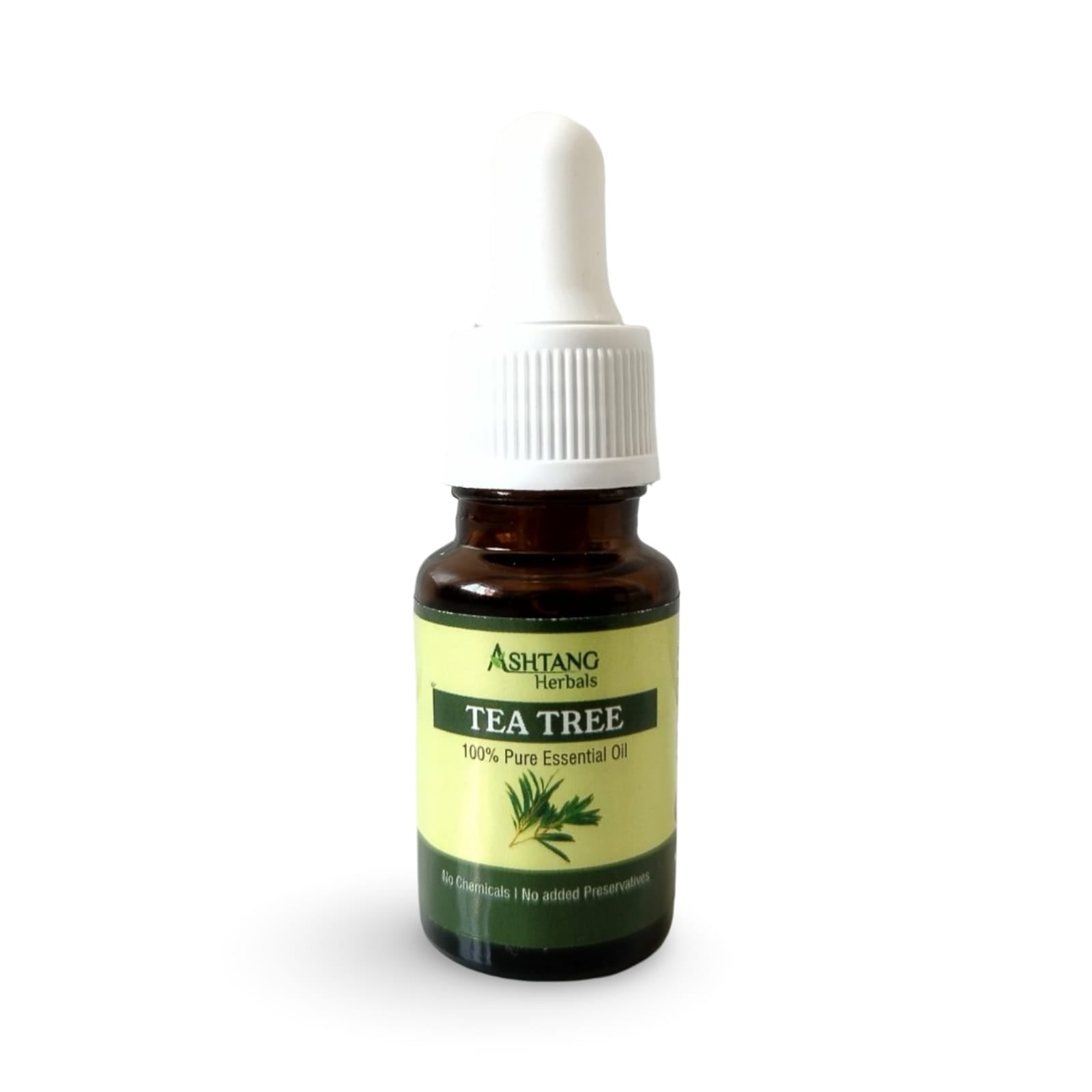 Bottle of Ashtang Herbals Tea Tree essential oil on a white background